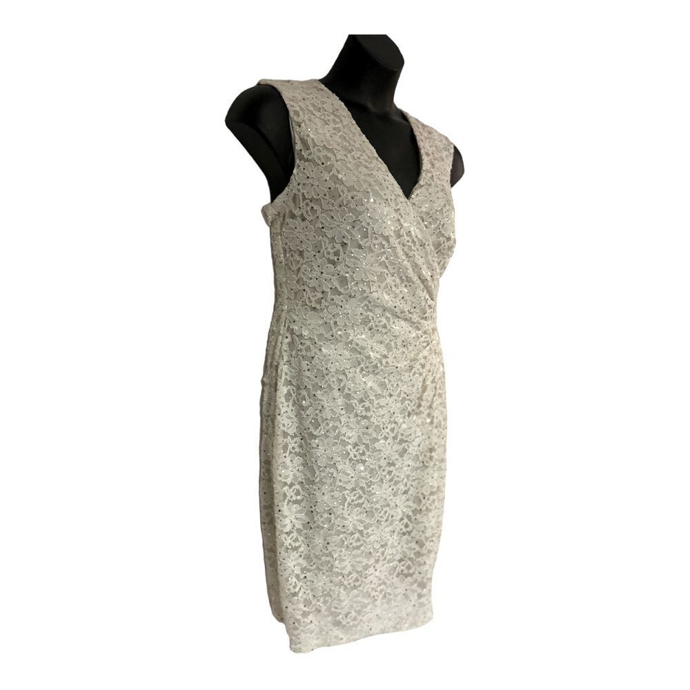 Connected Lace Sequin Side Pleat Ivory Knee Length Sheath Night Out Party Dress - Picture 4 of 16